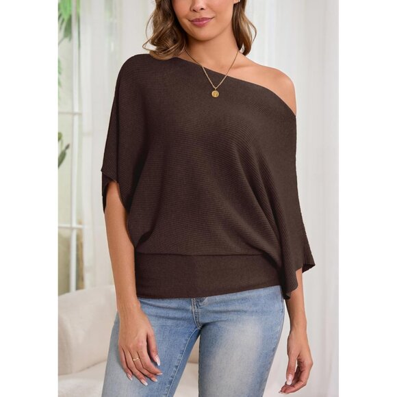 Women's Batwing Sleeve Knit Sweater Boat Neck Casual Pullover - Picture 5 of 6